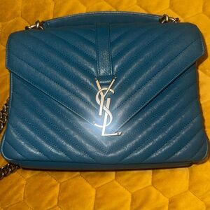 Saint Laurent Teal Quilted Leather Shoulder Bag with Silver Hardware
